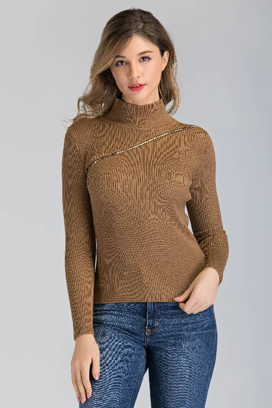 Luxury Fashion Discounts Tan Knit Chest Zip Sleeved Top