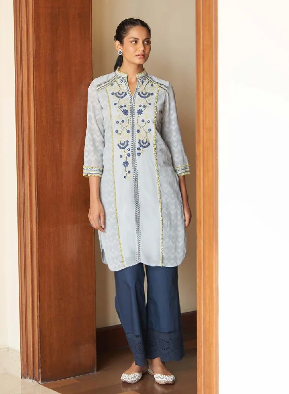 Boutique Styles Spa Blue Embroidery Knee Length Kurti