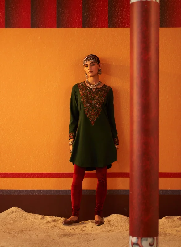 Premium Style Sage Green Embroidered Woollen Kurti for Women