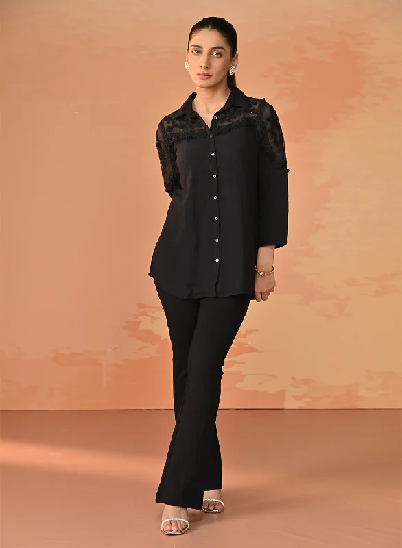 Style Revolution Samreen Black Embroidered Georgette Shirt for Women