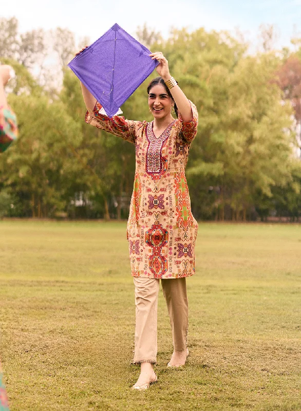 Laid-Back Fashion Offers Abeera Beige Printed Chanderi Straight Mirror Work Kurta