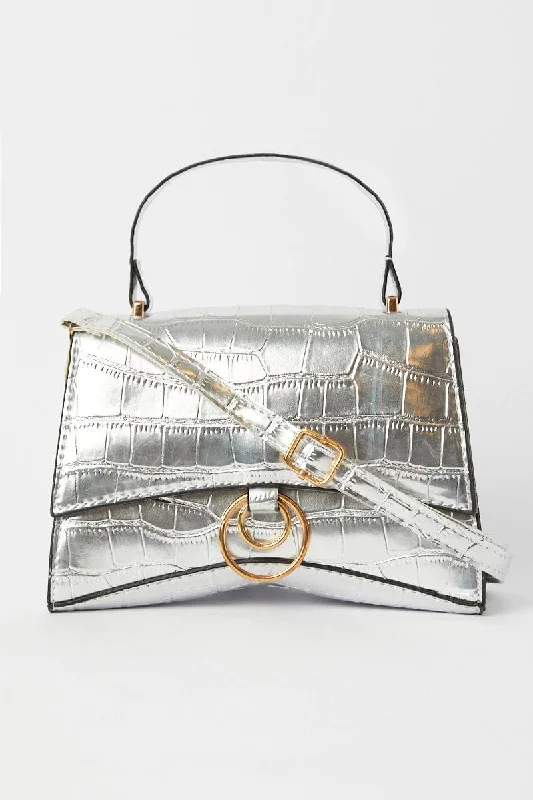 Top Deals Silver Croc Top Handle Crossbody Bag