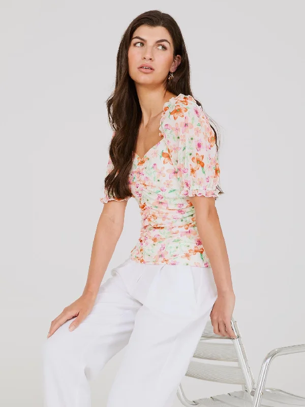 Quick Grab Deals Printed Sweetheart Neckline Top With Puff Sleeves