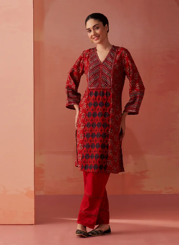 Statement Fashion Offers Arayna Red Printed Chanderi Kurta for Women