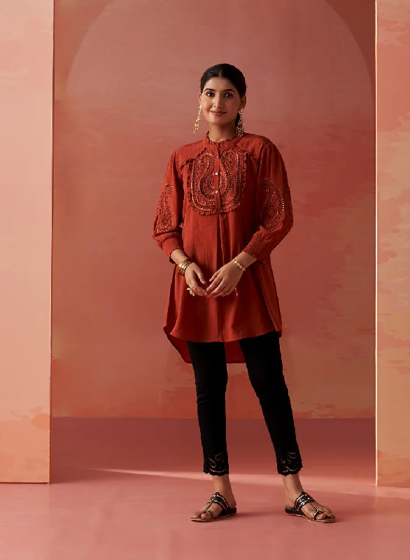 Trendy Women's Wear Collection Saba Rust Cotton Linen Embroidered Top for Women