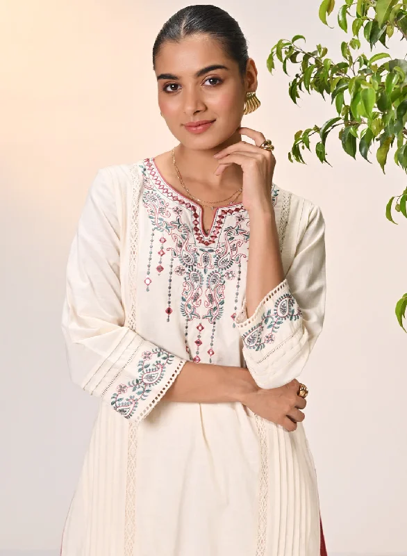 Stylish Deals Zayna Ivory Embroidered Cotton Linen Designer Kurta for Women