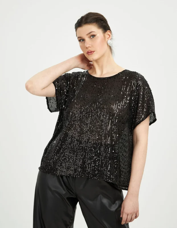 Popular Collection zwarte top met pailletten en korte mouwen