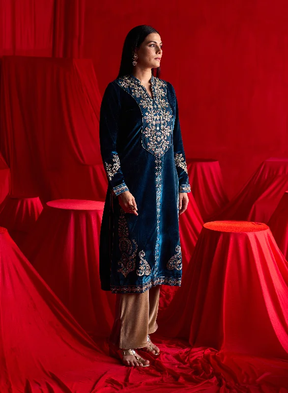 Affordable Luxury Fashion Dark Teal Zari Work Velvet Kurta with Sequins