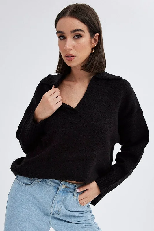 Fashionable Comfort Promotions Black Collar Knit Jumper Stripe
