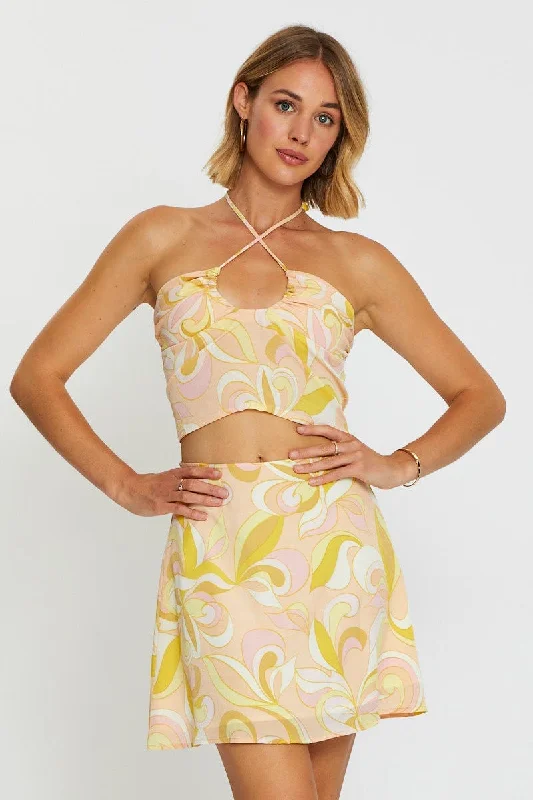 Chic Styles Abstract Print Halter Top Sleeveless