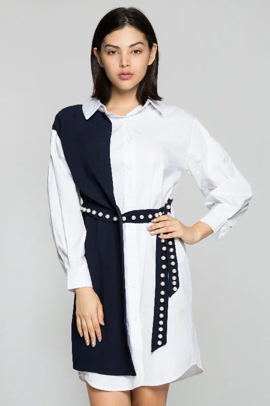 Sophisticated Fashion White and Navy Blue Full Sleeves Shirt Dress with Pearl Bow Belt