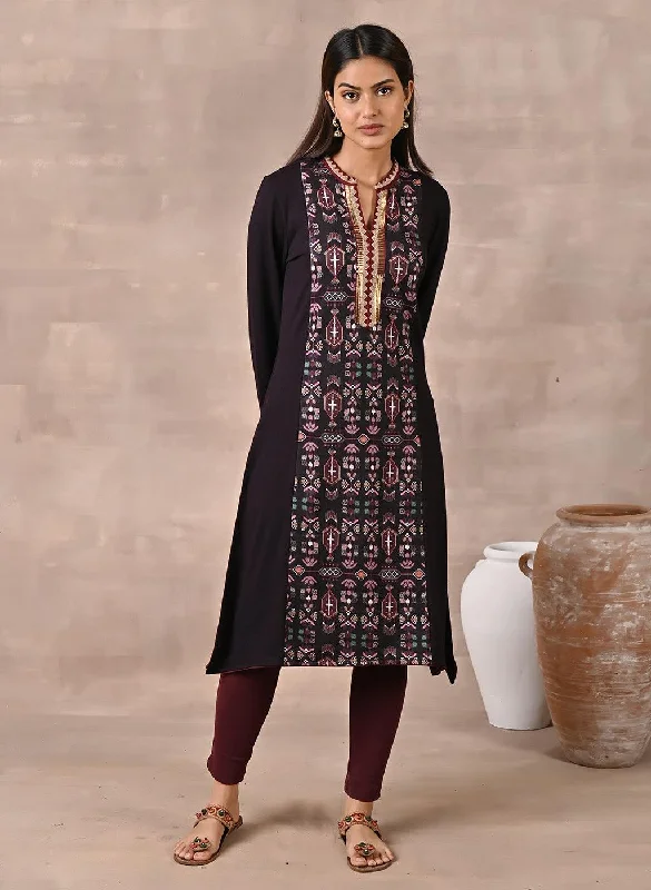 Clearance Event Purple Solid Kurta with Tribal Embroidery and Curved Hem