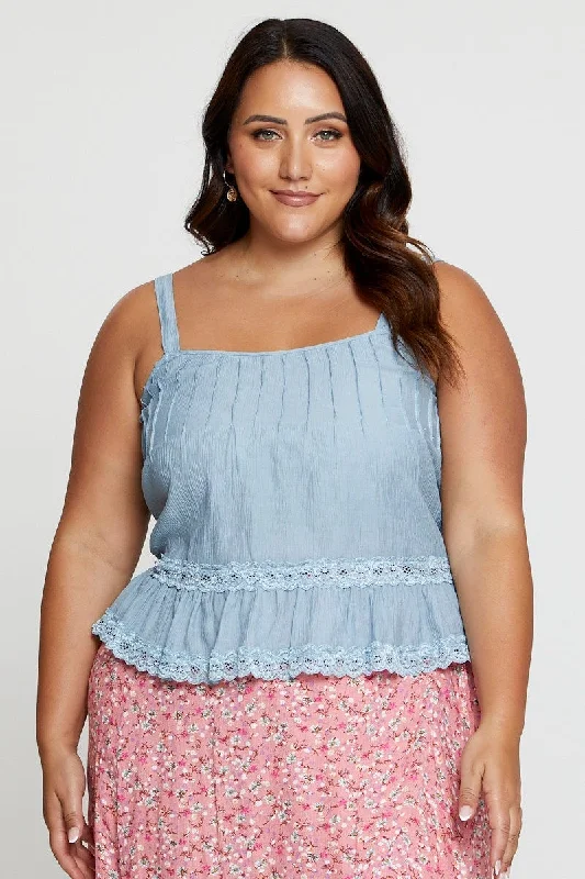 New Styles Just In Blue Singlet Top Coral Lace Insert Pintuck