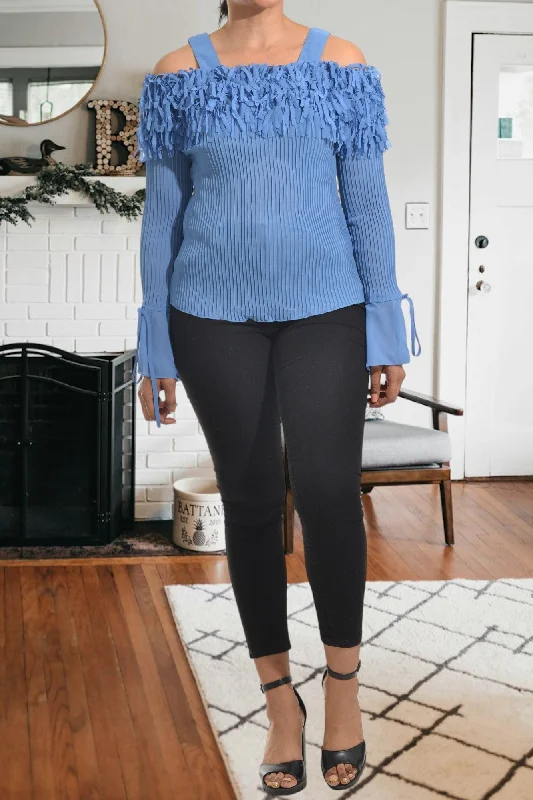Seasonal Clearance Ladies Off  Shoulder Blue Top
