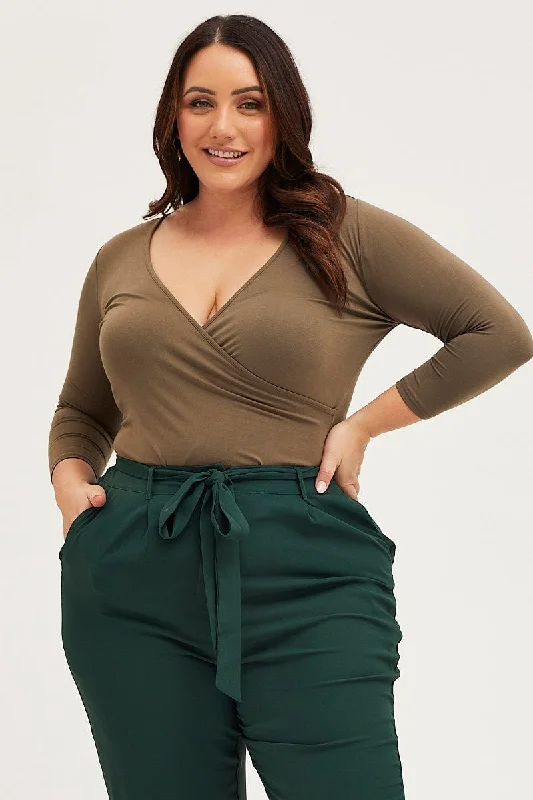 Premium Style Offers Green Wrap Top 3/4 Sleeve