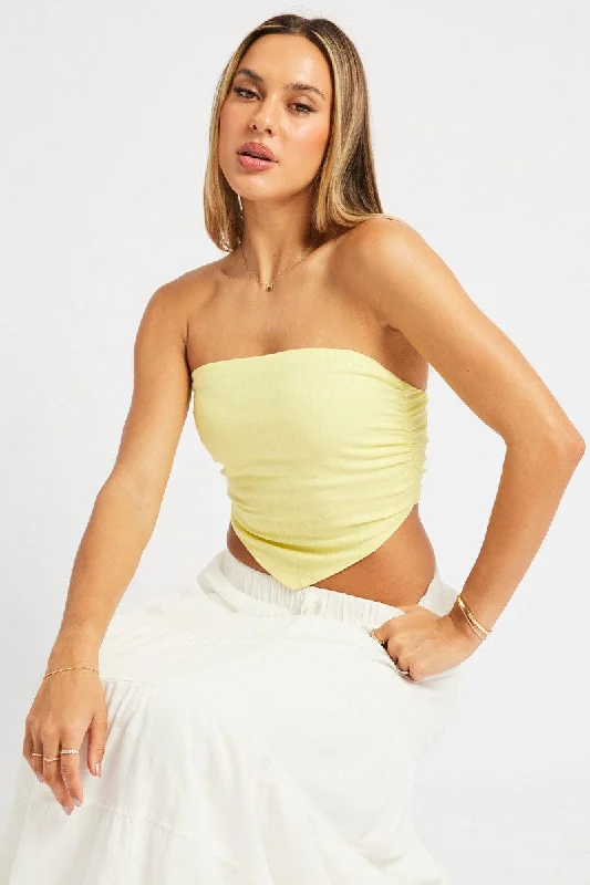 Fashionista Sale Yellow Scarf Top Boob Tube Shirred Back Linen Blend