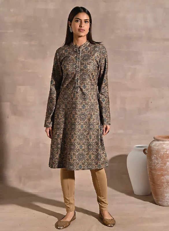 Stupidly Low Prices Green Geometric Print Woolen Kurta with Decorative Placket