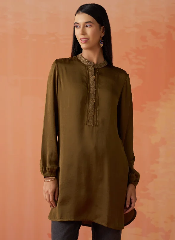 Imeless Style Trisha Olive Embroidered Satin Kurti for Women