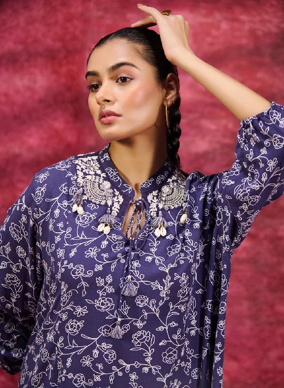 Style Redefined Luna Deep Purple Printed Rayon Long Top for Women