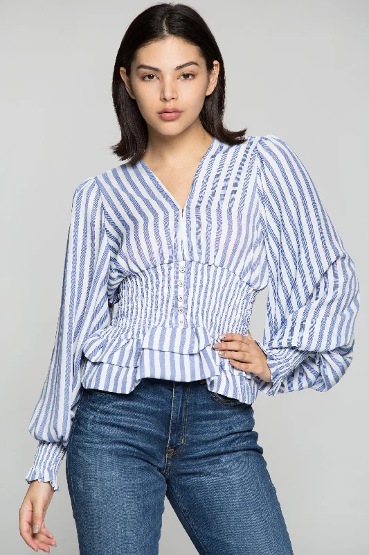 Trend Alert Blue and White Striped Smocked Waist Ruffles Peplum Top