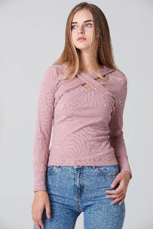 Sophisticated Street Style Offers Pink Cross Body Sleeved Top