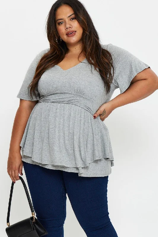 Chic & Modern Sales Grey Layered Top V-neck Flutter Sleeve