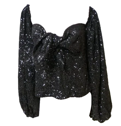 End Of Season Sale Attico Black Sequin Off-Shoulder Ballon Sleeve Top UK 10