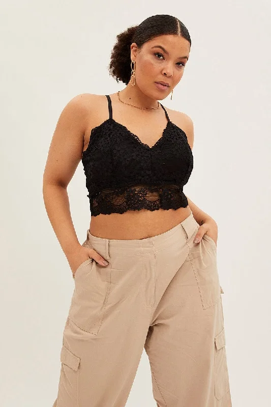 Modern Chic Discounts Black Bralette Top Shoestring Strap Lace