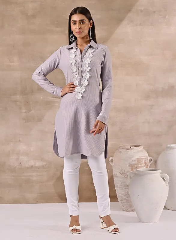 Fresh Styles, Fresh Deals Purple Full Sleeve Woolen Striped Kurti with Lace Work