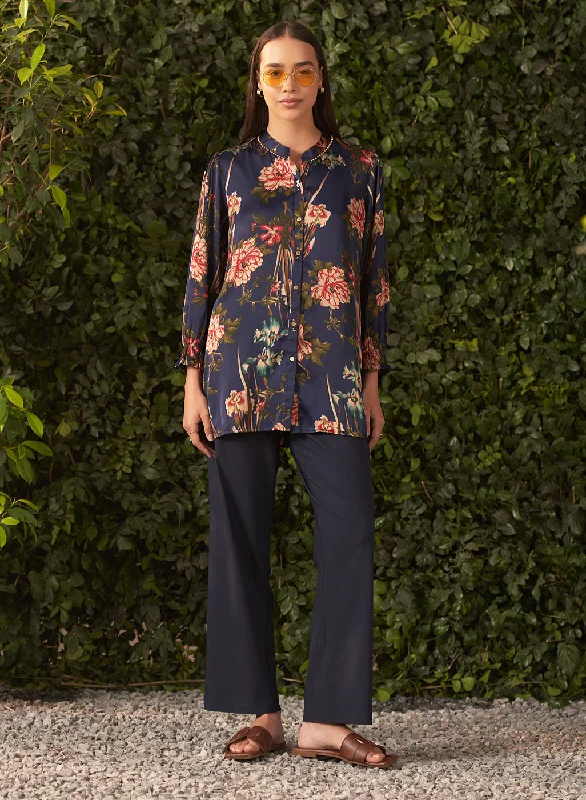 Ride The Style Wave Vivian Navy Blue Printed Satin Shirt for Women