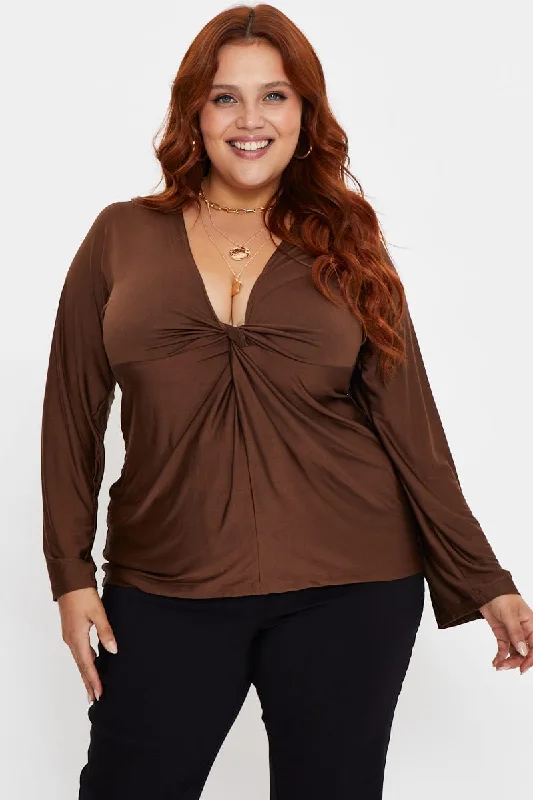 Sophisticated Street Style Offers Brown Sleeve Top Twist Front V-neck Long