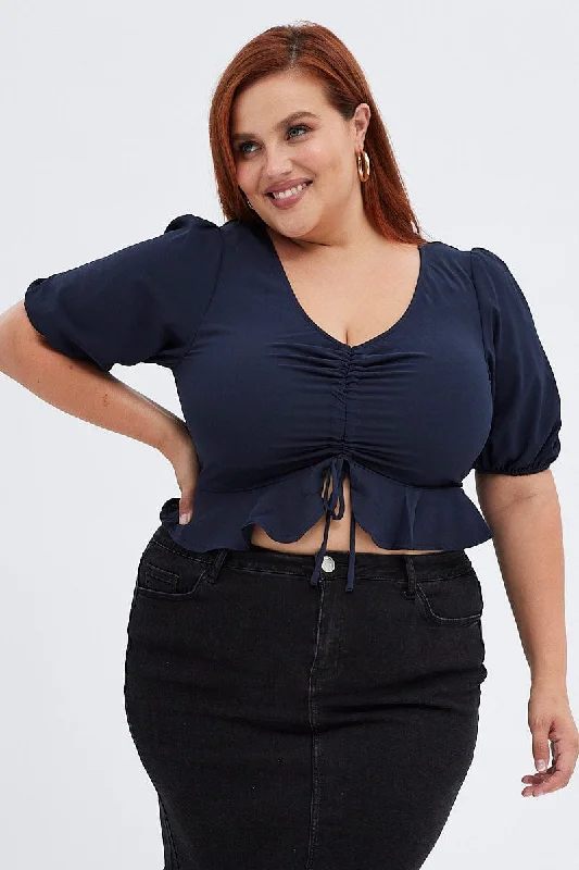 Summer Deals Blue Tie Top Drawstring Frill Hem