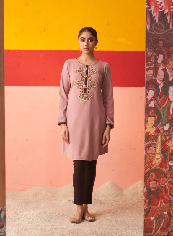Edgy Fashion Deals Beige Thread Work Woollen Kurti for Women with Brooch