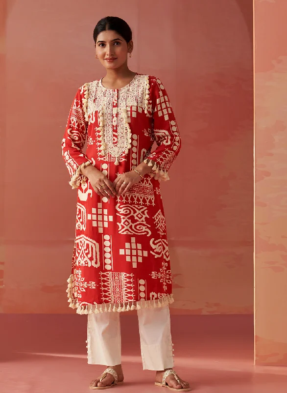 Discover Now Ravleen Red Printed Long Rayon Kurta
