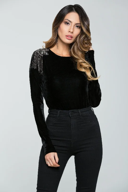Trend Forward Threads Black with Embellished Applique Leotard Top