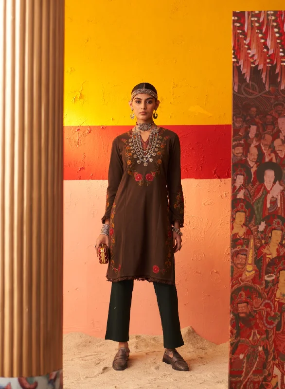 Stylish Statements Brown Woolen Kurta for Women with Thread Work and Lace Detailing Stylish Statements Brown Woolen Kurta for Women with Thread Work and Lace Detailing