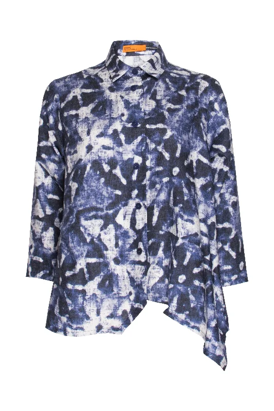 Clearance Event Asymmetric Angle Shirt - Blue Print Linen 9770