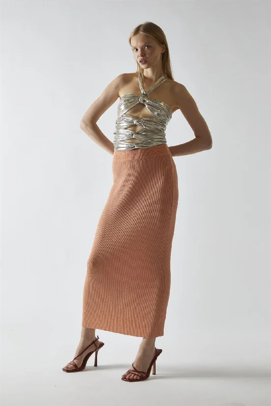 Vintage-Modern Style Offers Champagne-Lame Twist-Front Cut-Out Halterneck-Top