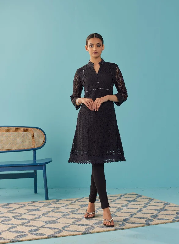 Seize Bargains Mirror Work Black Kurta with Floral Motifs
