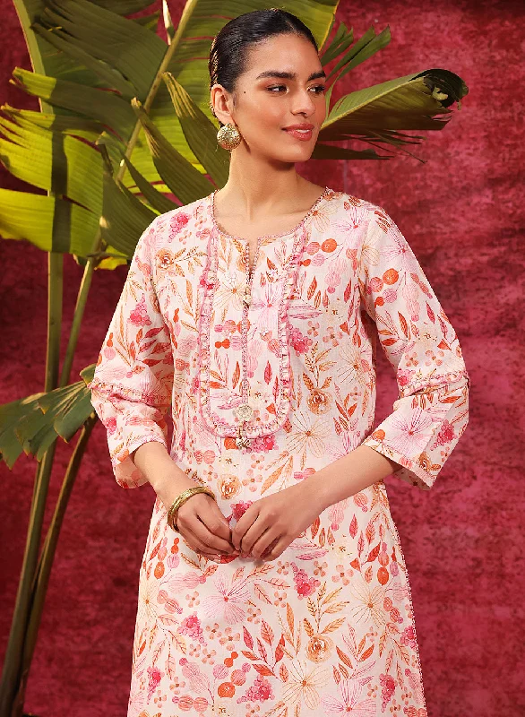 Fashion Forward Fida Coral Cotton Linen Printed Kurta for Women