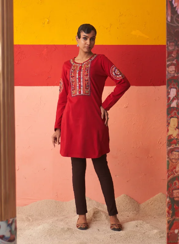 Casual Chic Deals Red Embroidered Woollen Kurti for Women with Mirror Work