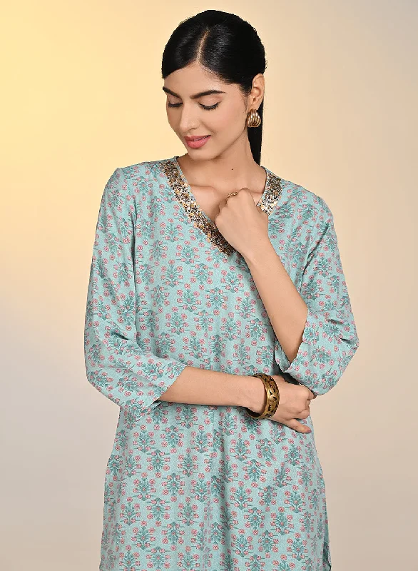 Absurdly Cheap Sale Nadia Sea Green Printed V-Neck Kurta For Women