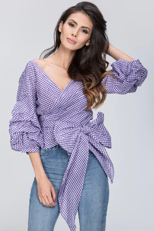 Shop The Hottest Deals Funnel Checkered Wrap Top