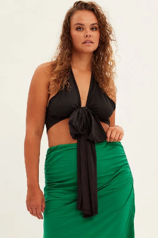 Top Deals Black Halter Top Jersey Tie Front