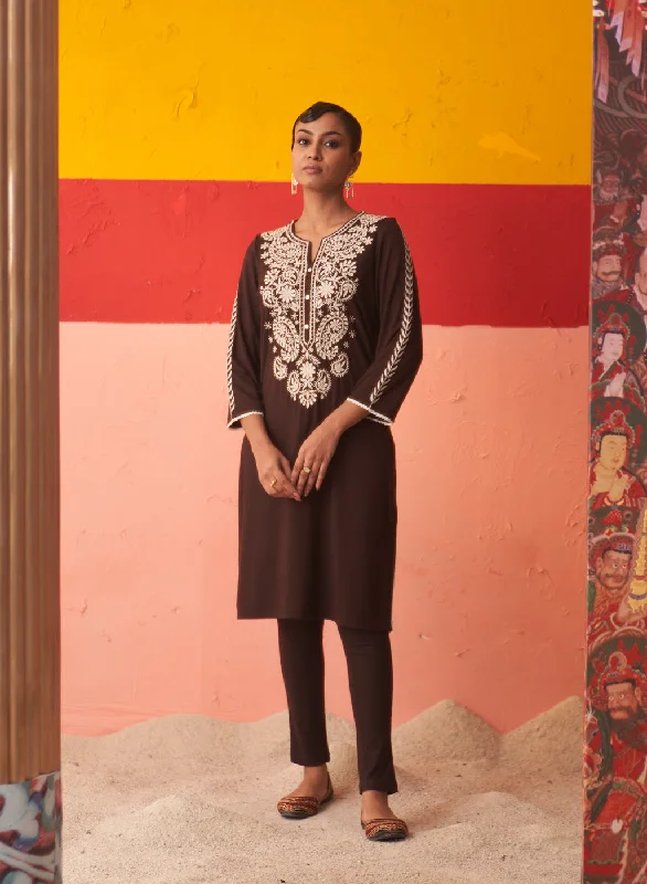 Winter Warehouse Sale Brown Straight Kurta for Women with Threadwork