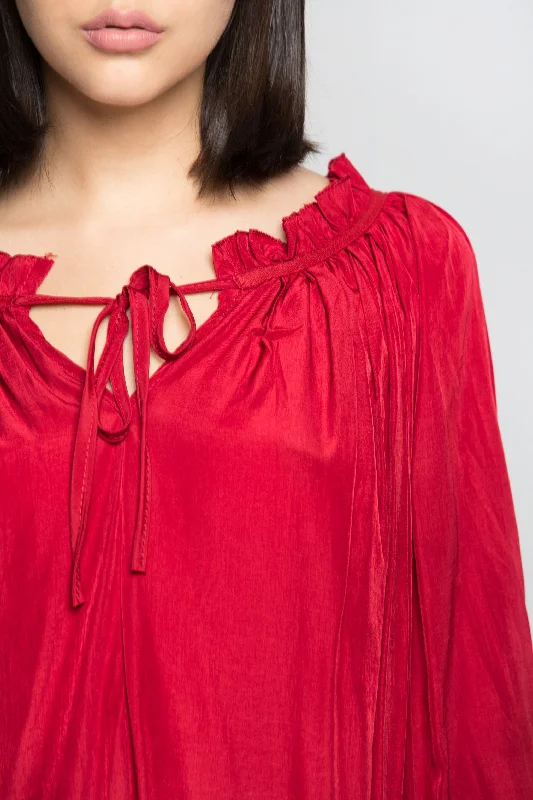 Stupidly Low Prices Cherry Red Gathers Smocked Sleeves Top