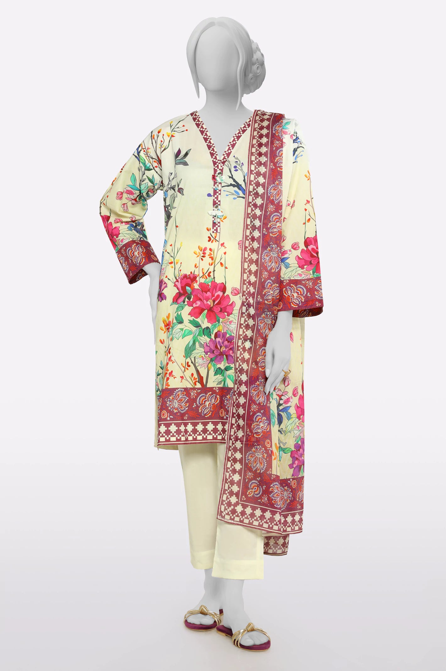 Evening Elegance Cream Printed 3PC