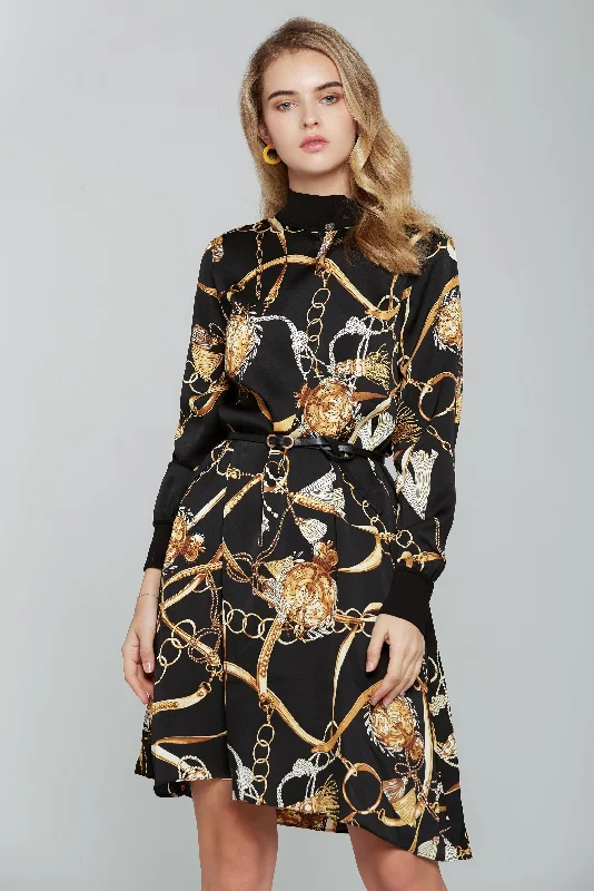 Step Ahead, Lead The Trend Black Gold and Silver Royal Print Long Top with Belt