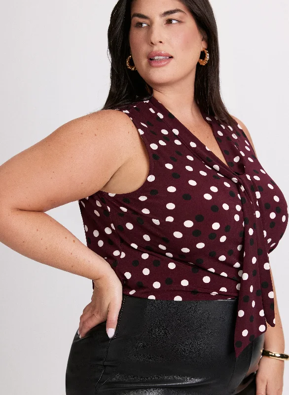 Premium Style Offers Dotted Tie-Neck Top