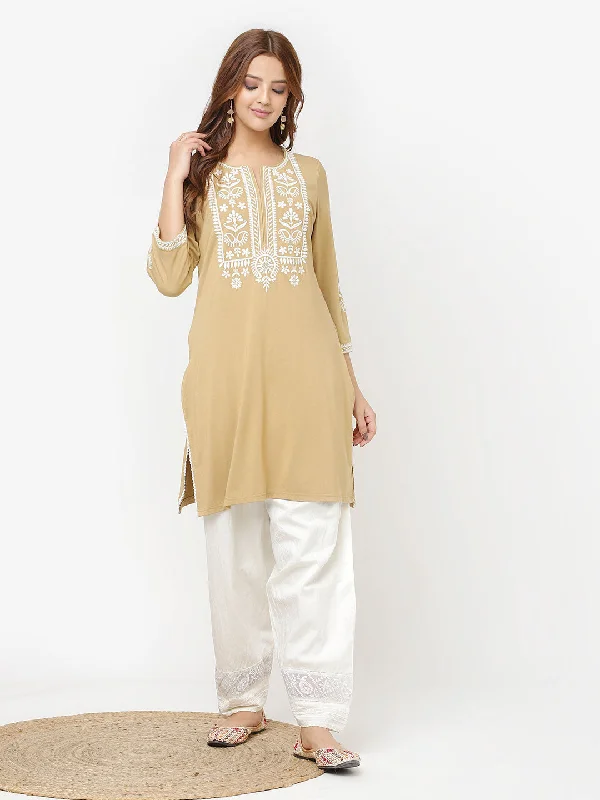 Fresh Styles, Fresh Deals Golden Kurta for Women with Threadwork and Lace Detailing